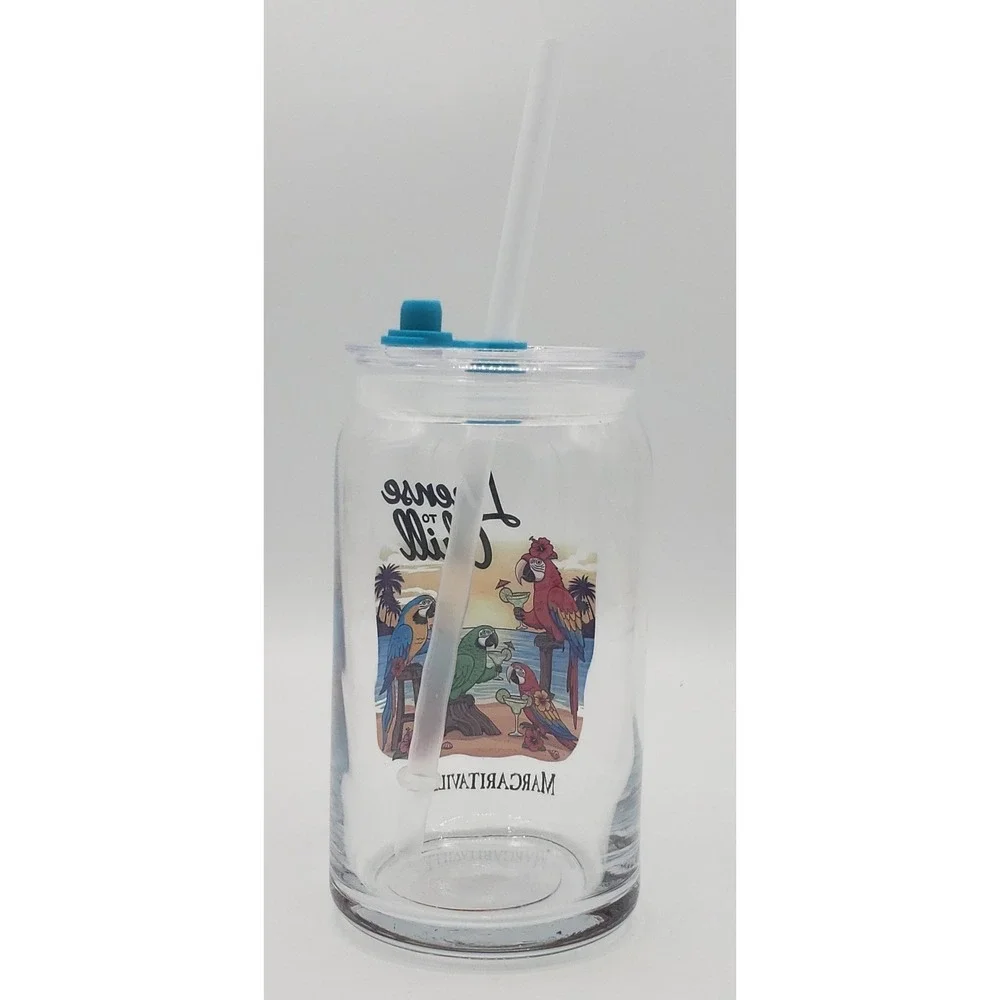 Margaritaville NEW 16oz Glass Sipper with Straw and Lid License to Chill Parrot